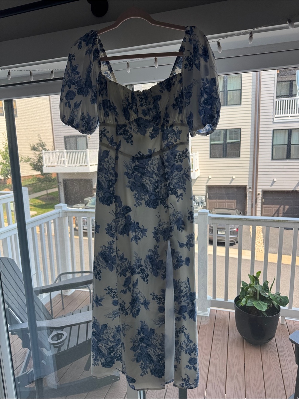 Abercrombie & Fitch White Puff Sleeve Midi Dress with Blue Floral Print